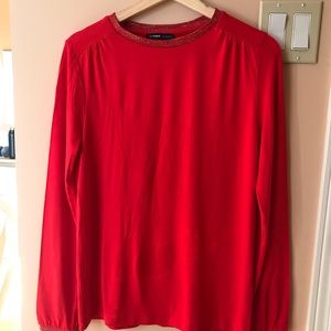 Crimson long sleeve blouse shiny silver glittery neck & sleeve ribbons.